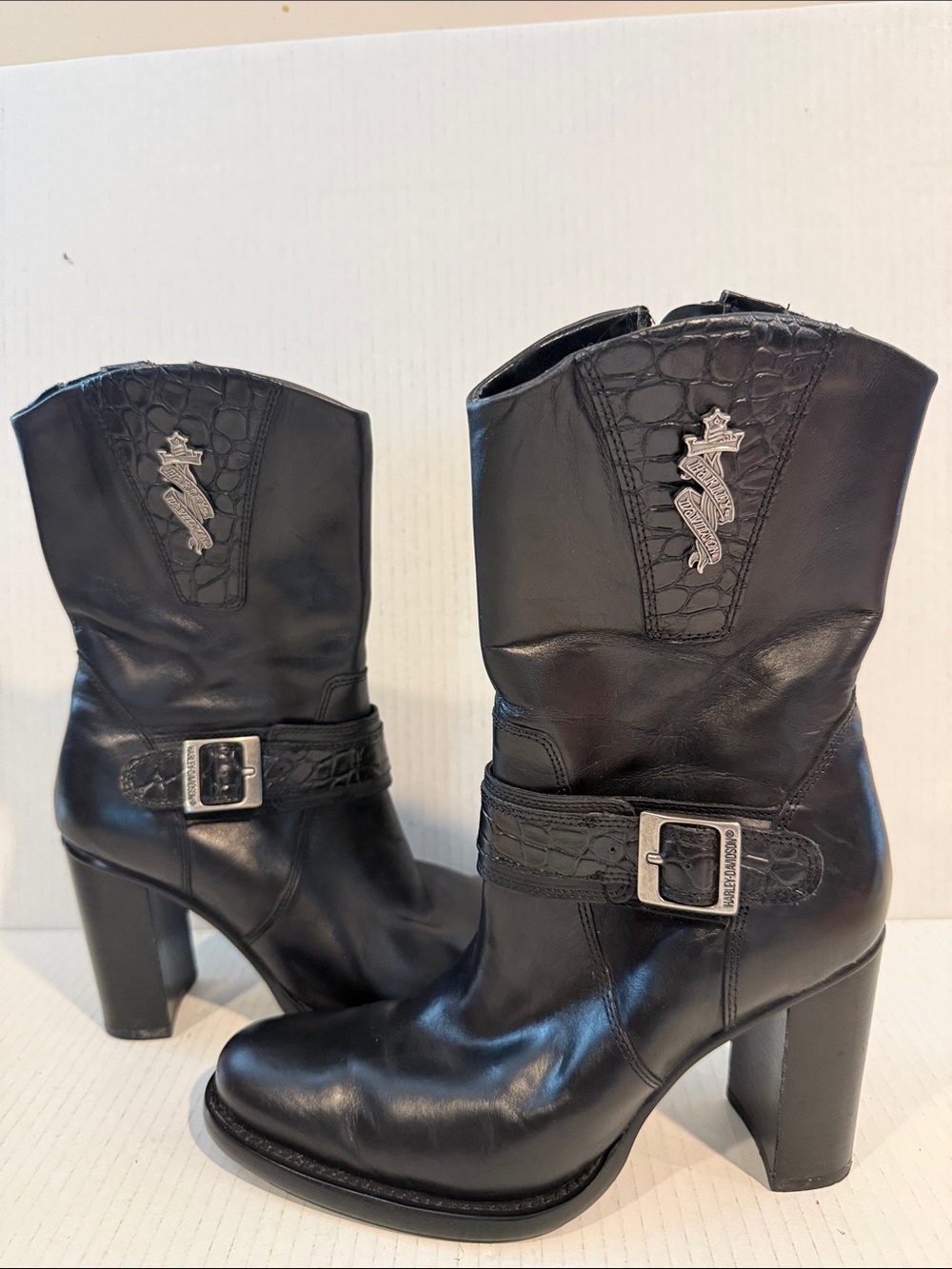 Harley-Davidson Black Leather Mid-Calf 3β Heeled Boots Silver Hardware (sz 6.5)